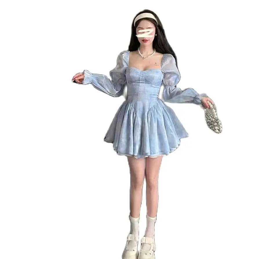 Aiertu DRESS TO IMPRESS Puffy Dress Puff Sleeves Women Elegant Summer Blue Birthday Party Dress Lady High Waist A-Line Gentle Sweet Dress Aiertu