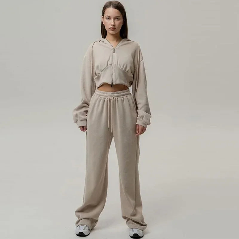 Aiertu  -  Casual Solid Hoodies Pants Set Women Long Sleeve Zipper Short Sweatshirt Loose Drawstring Trouser 2026 Autumn New Lady Tracksuit Aiertu