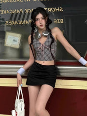 Aiertu  -  American Retro Grey Plaid Crop Top Women Streetwear V-neck Halter Y2k Tops Summer Sexy Fashion Backless Tank Top Clothes Aiertu