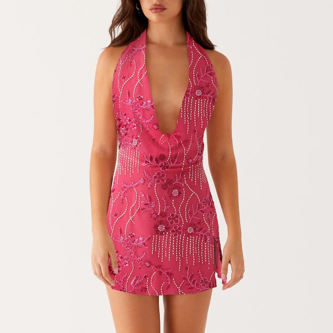 Aiertu  -  Women Sequin Halter Mini Dress Sexy Sleeveless Fold Backless Slim Fit Short Dresses Lady Chic New Summer Beach Vestidos Aiertu