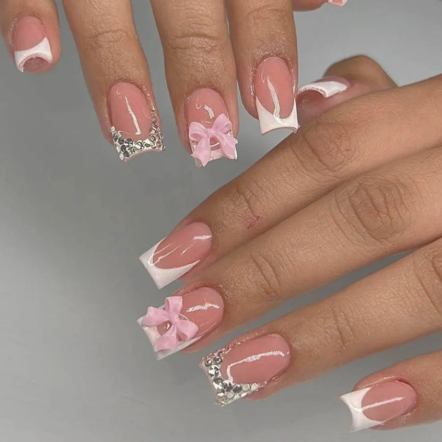Aiertu Pink French Style Fake Nails 3D Bowknot Designs Short Square Press on Nails Sweet Korean Fashion False Nails for Women and Girls Aiertu