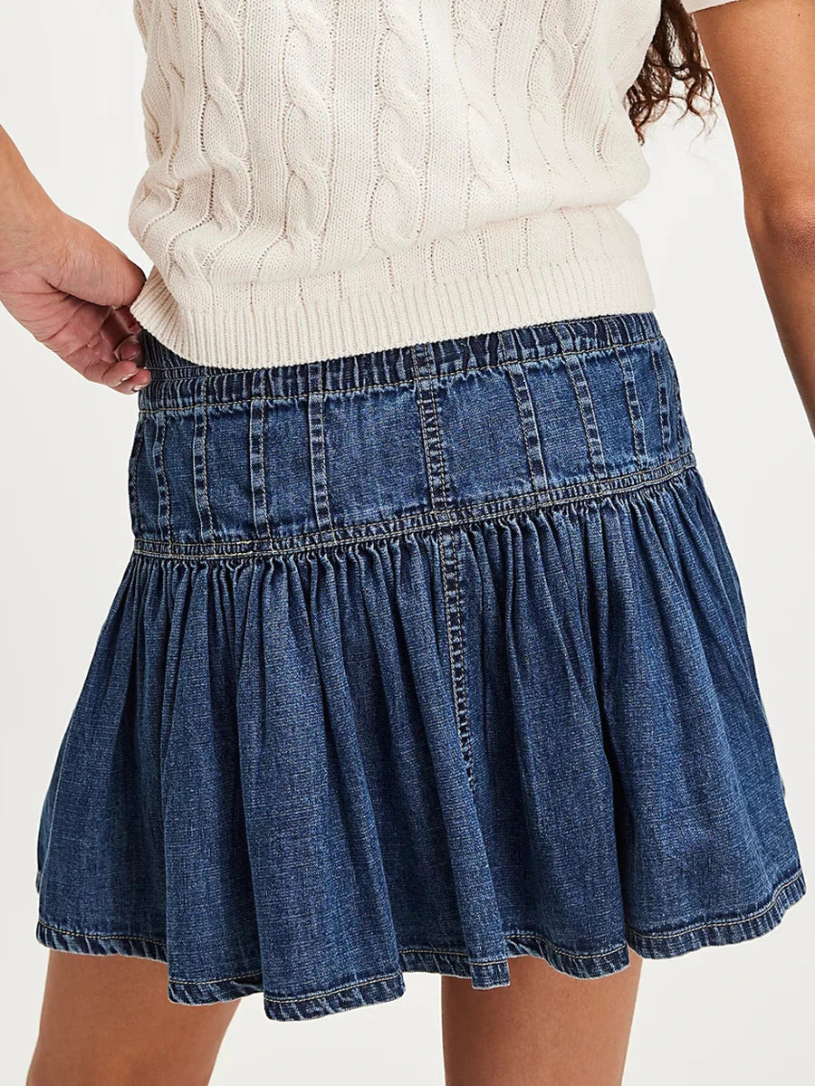 Aiertu  -  Drawstring Denim Mini Skirts For Women Summer Buttons Elastic Waist Short A-line Skirt Simple Casual Fashion Faldas Bottom New Aiertu