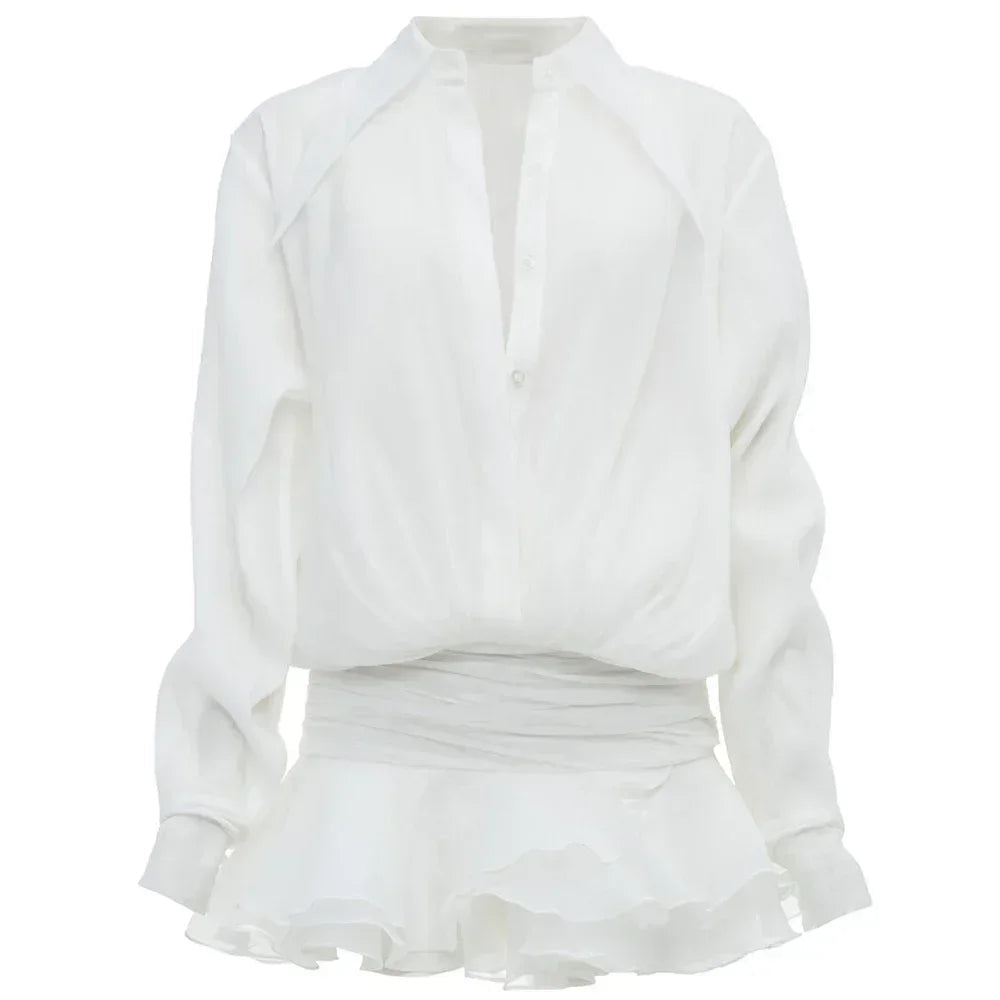 Aiertu  -  New White Chiffon Dress For Women Casual Ruffled Pleated Mini Dress See-through Loose Oversized Shirt Dress Cover-Up 2026 Aiertu