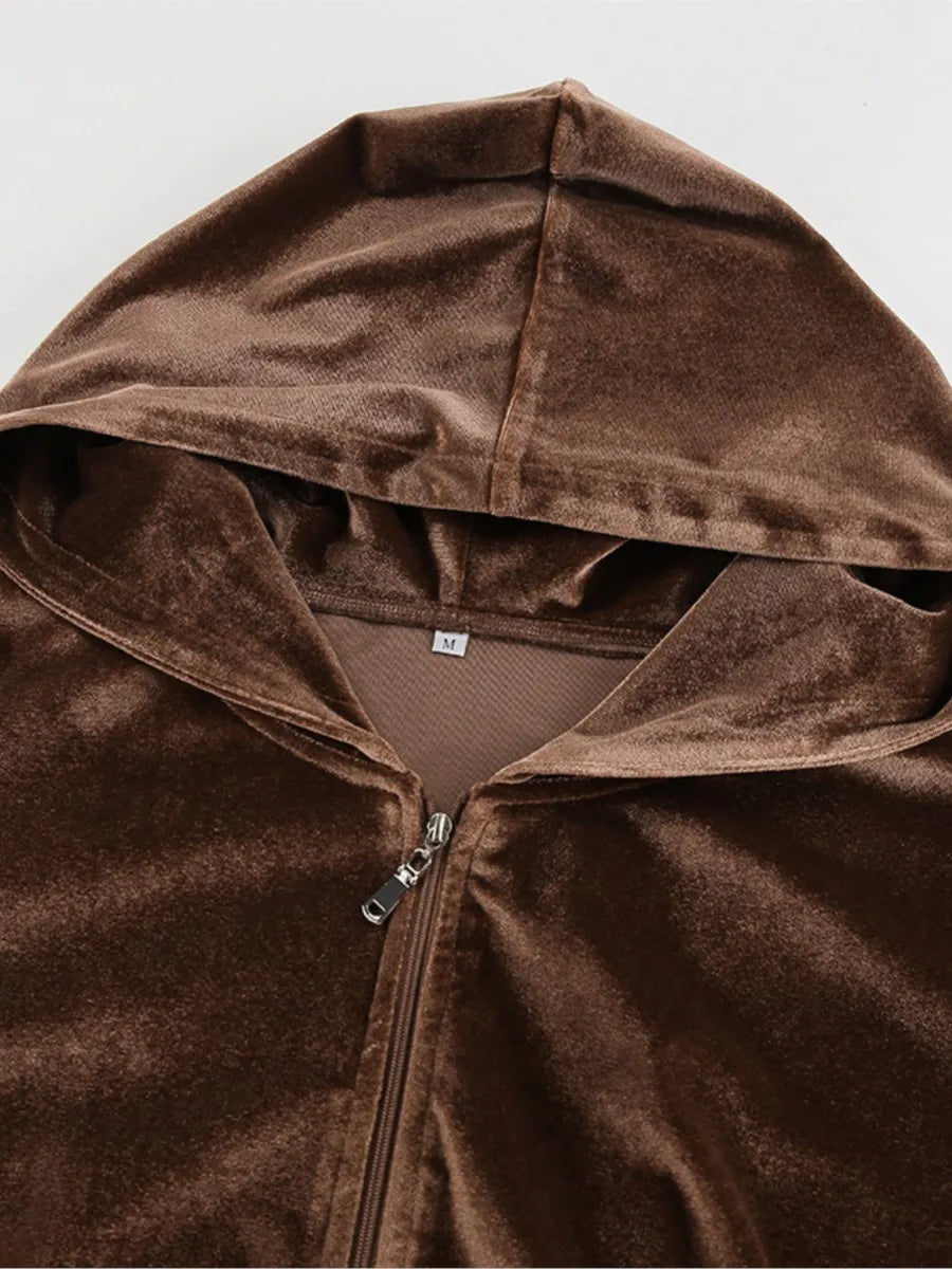 Aiertu  -   Velvet Solid Cropped Jacket Women Autumn Long Sleeve Zipper Hoodies Outerwear+Drawstring Pants Vintage Fashion Sport 2 Piece Set Aiertu