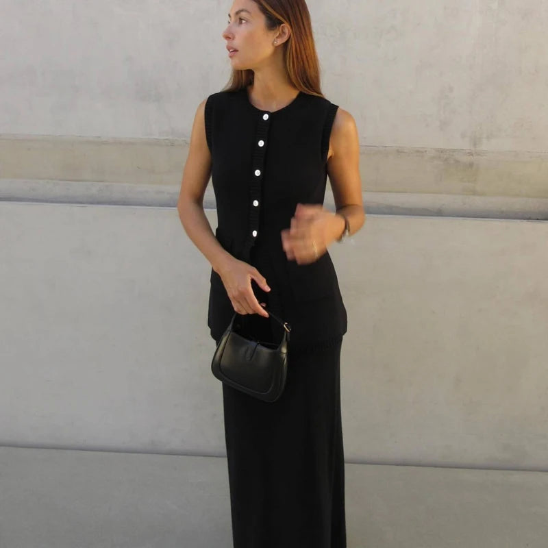Aiertu  -  Summer Fashion Knitted Skirt Suit Sleeveless Vest Pocket Slit High Waist Long Skirt Elegant White Ribbed Knitwear Outfits Aiertu