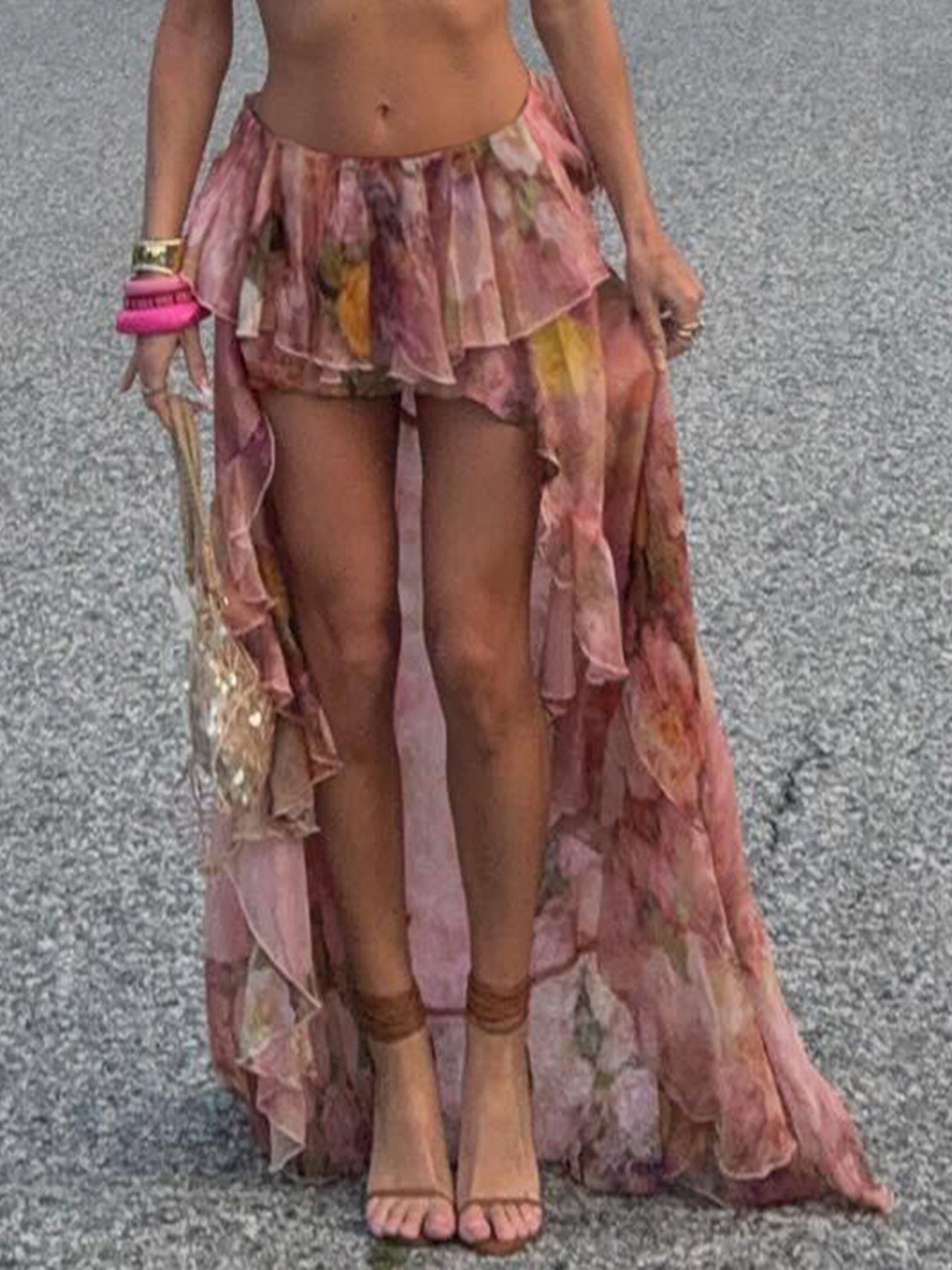 Aiertu - summer inspo Hot Beach Boho Floral Print Chiffon Ruffled Skirt Women Asymmetrical Dipped Hem Pink Romantic Elegant Sexy Vacation Skirts Aiertu