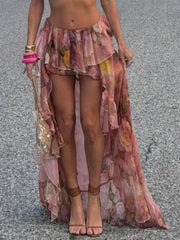 Aiertu - summer inspo Hot Beach Boho Floral Print Chiffon Ruffled Skirt Women Asymmetrical Dipped Hem Pink Romantic Elegant Sexy Vacation Skirts Aiertu