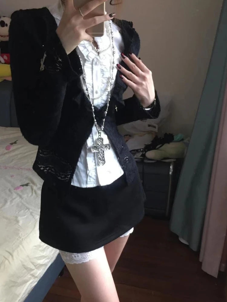 Aiertu  -  French Sweet Cool Harajuku Popular 3 Piece Sets Y2k Exquisite Draped White Blouse Black Cardigan Japan Punk Streetwear Skirts Aiertu