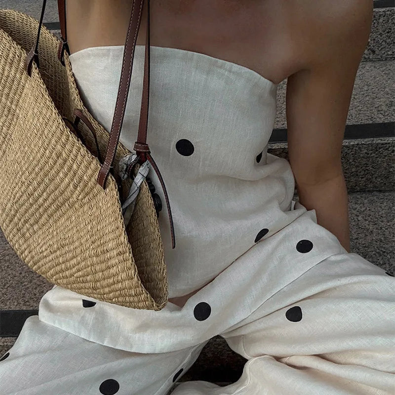 Aiertu  -  Casual Strapless Polka Dot Tops Pants Sets Women Loose Sleeveless Backless Vest Pocket Wide Leg Pant 2025 Lady Vacation Outfits Aiertu
