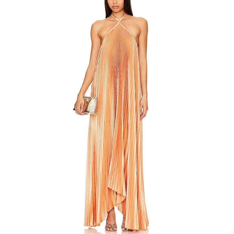 Aiertu  -  Sexy Halter Lace-up Backless Evening Dress Womens Spring Solid Rib Pleated Long Dress Summer Sleeveless Hollow Boho Maxi Dresses Aiertu