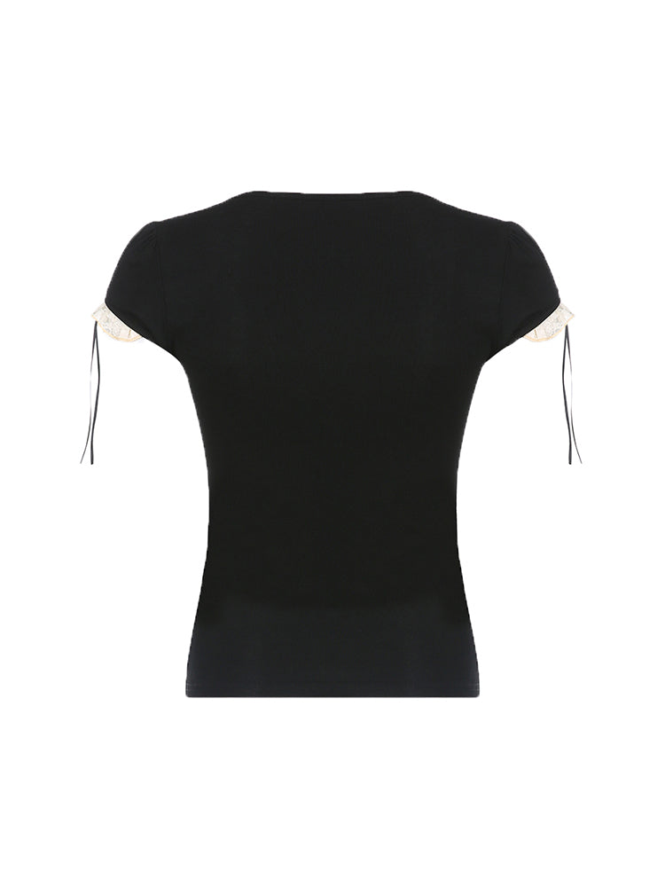 Aiertu - summer inspo Sweet Y2K Contrast Lace Patchwork Square Collar Black T-Shirt Women Short Sleeve Basic Balletcore Cute Summer Tops Aiertu