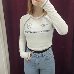 Aiertu  -  Letter Printed Motorcycle Short Slim Fit Top American Retro Fashion Tight T-shirt Women Clothes Y2k Hot Girl Long Sleeve Top Aiertu