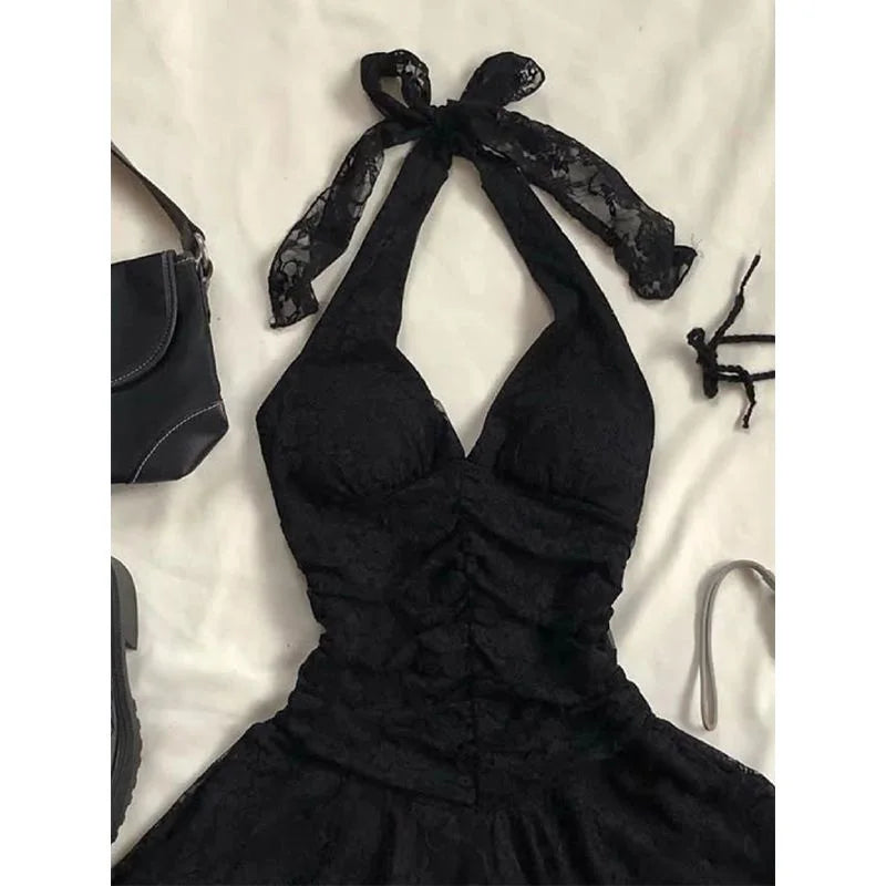 Aiertu  -  Vintage Black Mini Dress Women Party Sexy Halter Lace Dresses Korean Folds Backless Sundress Summer Bodycon Vestidos New Aiertu