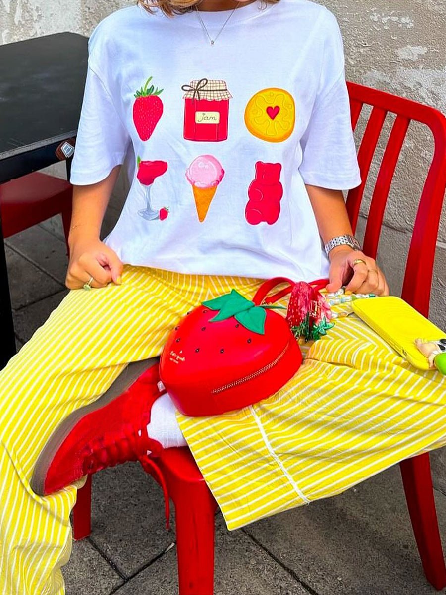 Aiertu  -  Women Y2k Graphic Short Sleeve T-Shirts Bow/Dessert/Lemon Print Aesthetic Oversized Shirts Summer O Neck Loose Tops Streetwear Aiertu