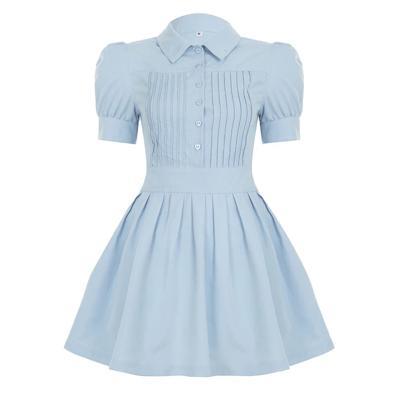 Aiertu  -  Fashion Solid Ruched Button A-Line Pleated Women Dresses Puff Sleeve Slim Fit Design Summer Sweet Frocks Aiertu