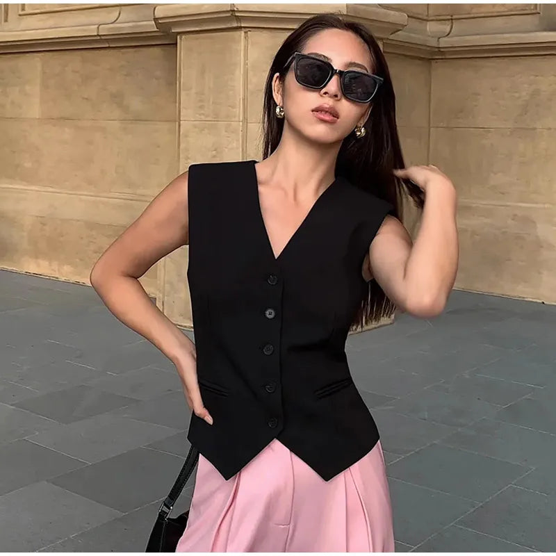 Aiertu  -  Fashion Temperament V-neck Small Suit Vest Women 2026 Spring Summer Slim Solid Color Single Breasted Coat Female Commute Clothes Aiertu