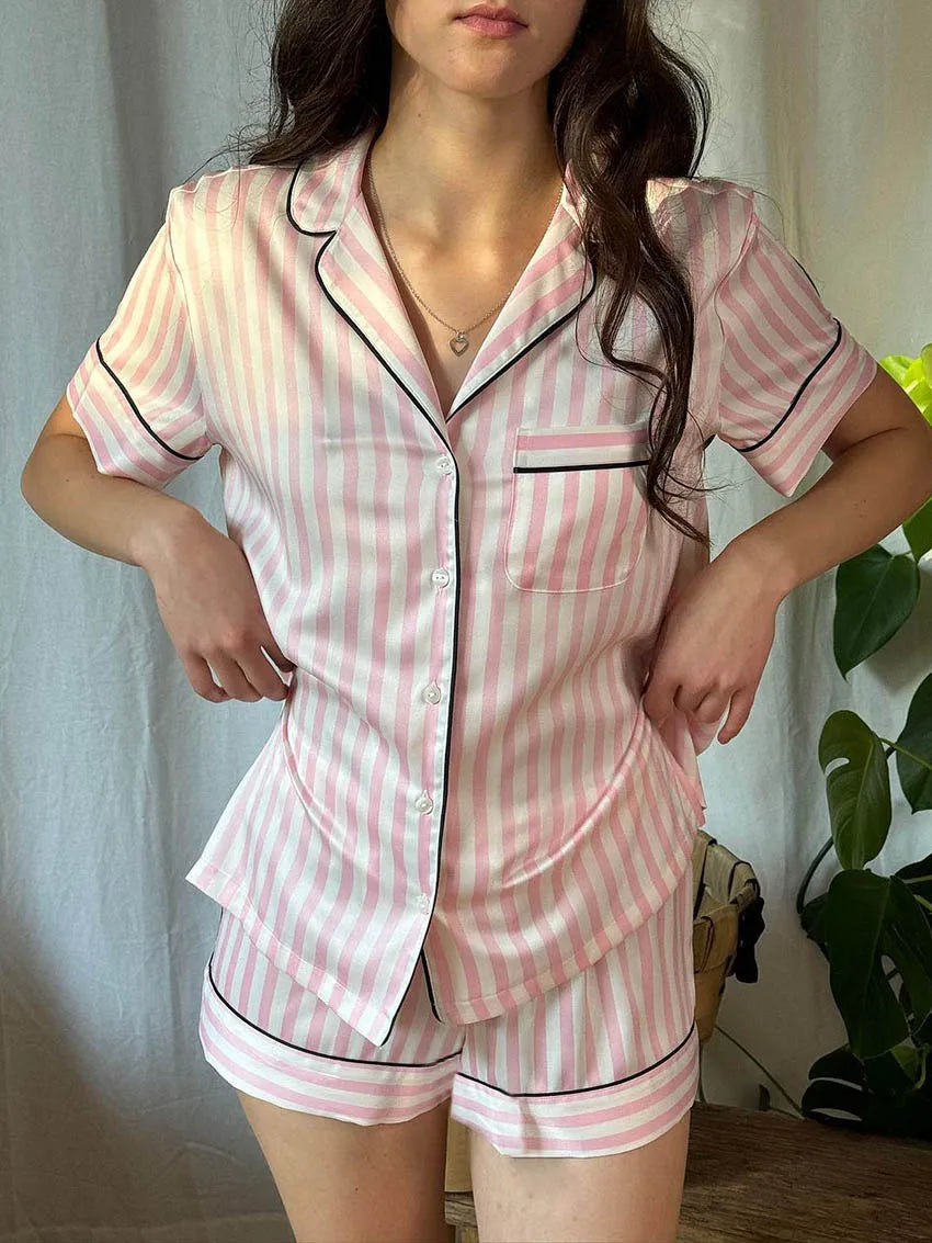 Aiertu  Causal Loose Ladies Pajamas Set Turn-Down Collar Sleepwear Short Sleeve Nightgowns Shorts Loose Pink Nightwear Suits Aiertu