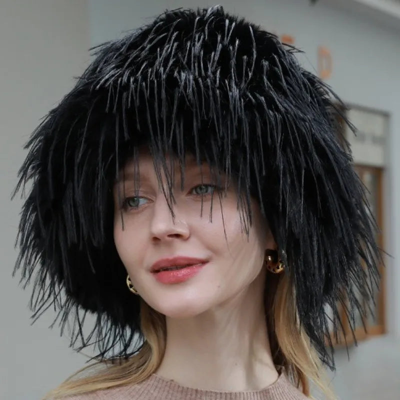 Aiertu  -  Luxury Plush Faux Fur Bucket Hats For Women Fashion Winter Ostrich Feather Female Thicken Warm Fisherman Caps Party Panama Bob Aiertu