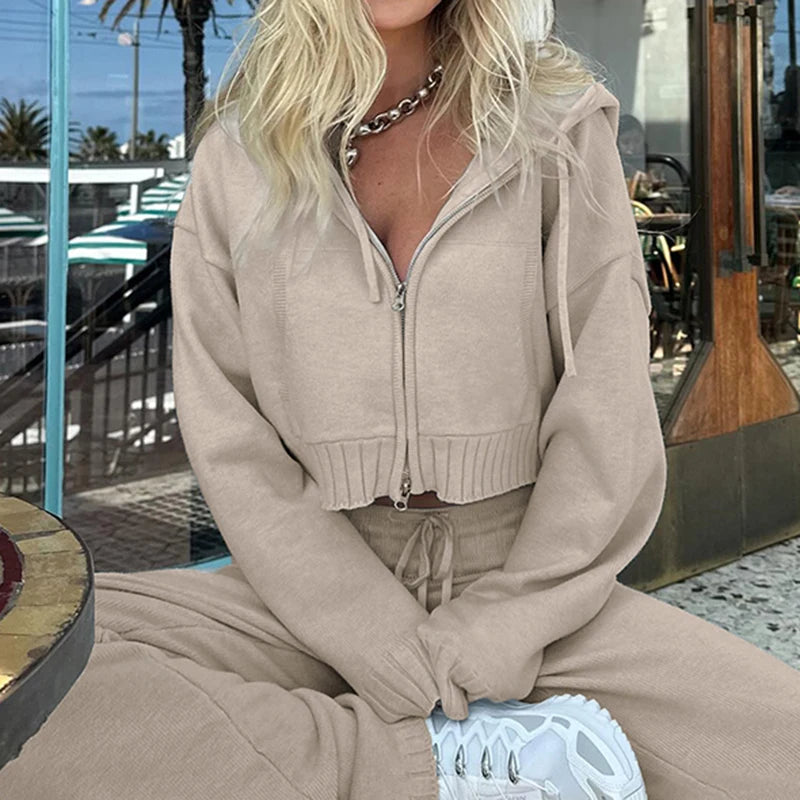Aiertu  -  cold weather outfits Winter Knitted Cardigan Casual Khaki Basic Fashion Women Zipper Sweater with Pocket Mininalist Hooded Coat Y2K Outfit Aiertu