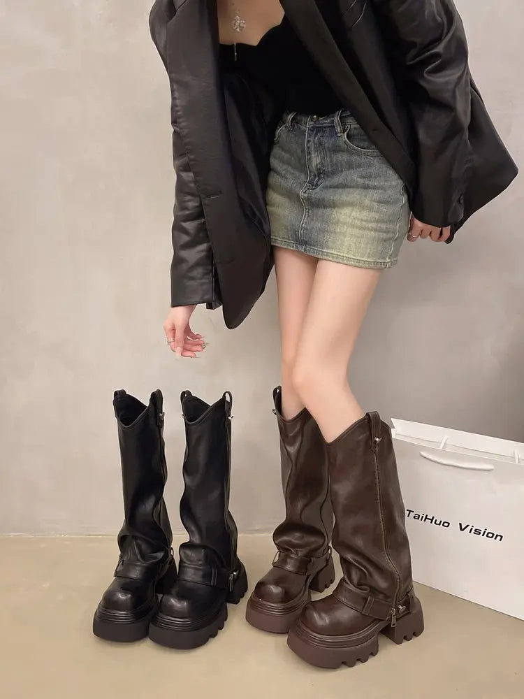 Aiertu    -  Autumn Women's Knee High Boots Western Round Toe Long Boots Women Western Shoes Chunky Heel Platform Women Aiertu