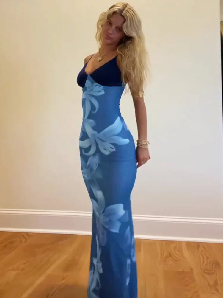 Aiertu  -  Print Sexy Spaghetti Strap Maxi Dress For Women V-neck Mesh Fashion Print Slim Fit Sleeveless Backless Holiday Dress Aiertu