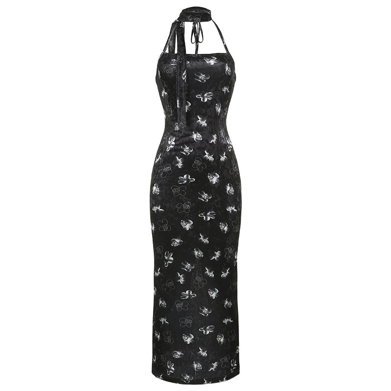 Aiertu - Back Slit Velvet Halter Maxi Dress Aiertu