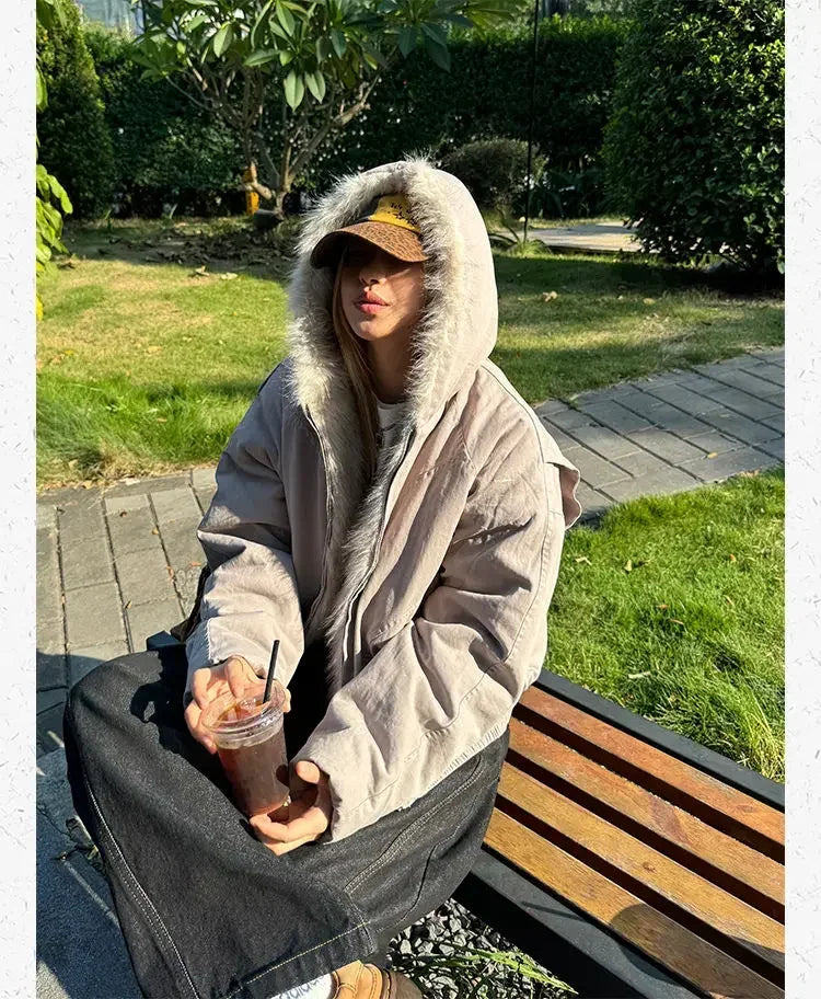 Aiertu  -  Trendy Y2K Plush Lined Hooded Solid Color Thick Coat Women's Popular Clothing Winter New Plus Velvet Thick Loose Casual Coat Aiertu