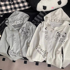 Aiertu  -  Japanese Print Pattern Cute Slim Fit Zip Up Hoodies Versatile Retro Y2K Fashion Long-sleeved Tops Jacket  Harajuku Sweatshirt Aiertu