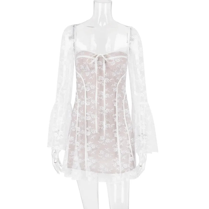 Aiertu Lace Ruffle Mini Dress Slim Sexy Backless Long Sleeve Bandage Dresses Women Summer Slim Patchwork Vacation Beach Dress Aiertu