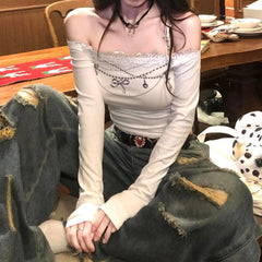 Aiertu  -  Spring Lace Patchwork Bottoming Tee Shirts Autumn Women Y2k Aesthetic Bow Chain Printing T-shirt Grunge Sexy Cropped Fairy Tops Aiertu
