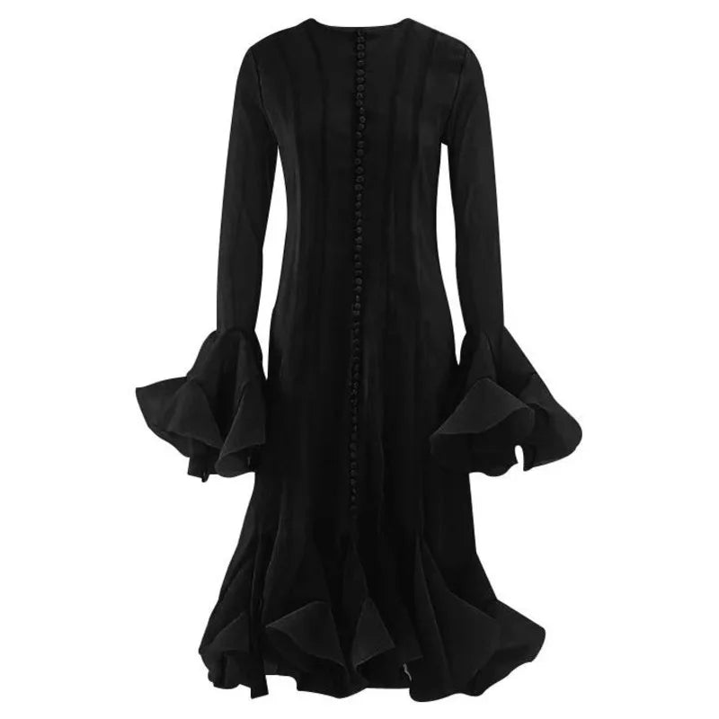Aiertu  -  Women Irregular Pleated Patchwork Dress Fashion Long Flare Sleeve Waist Cinching Mini Dresses 2025 New Ruffles Slim Party Dress Aiertu