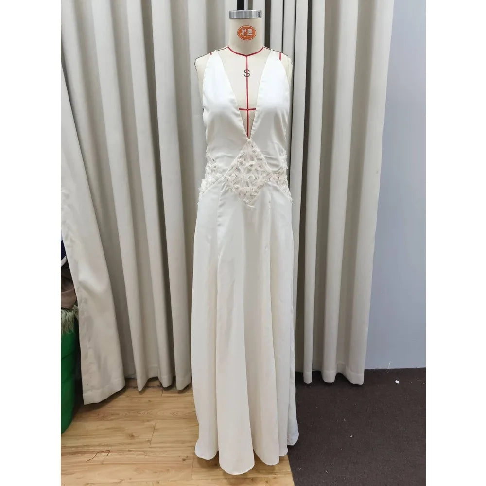 Aiertu  -  Solid Slimming Minimalist Elegant Dresses for Women Deep V Neck Sleeveless High Waist Long Dress Female New Aiertu