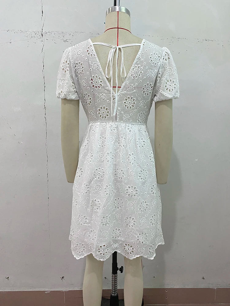 Aiertu  -  2026 New Summer V-neck Dress White Short Sleeved Women's Fashion Hooked Flower Hollow Lace Dresses Open Back Lace Up Dress Aiertu