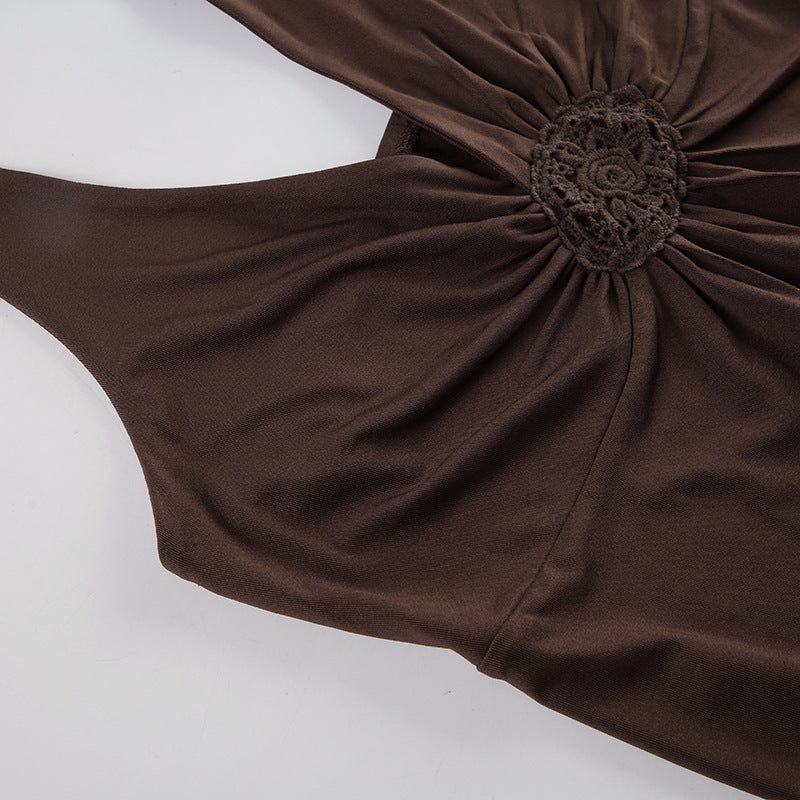 Aiertu  -  Brown Embroidered V Neck Backless Halter Top 2000s Clothes Y2k Vintage Sexy Tank Tops Women Summer 2025 Aiertu