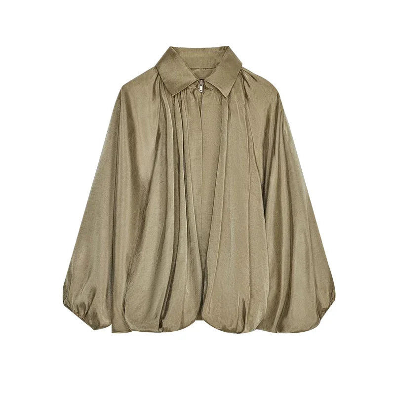 Aiertu  -  Pleated Green Oversize Jacket Women Long Lantern Sleeve Lapel Folds Elegant 2025 Spring Coat Street Commuter Lady Streetwear Aiertu
