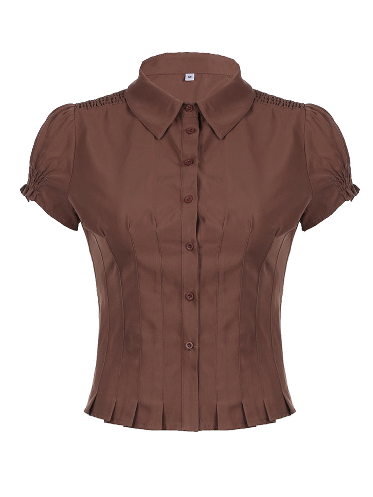 Aiertu - summer inspo American Retro Preppy Brown Shirts Women Button Up Turn Down Collar Puff Sleeve Shirring Pleated Hem Slim Casual Tops Aiertu