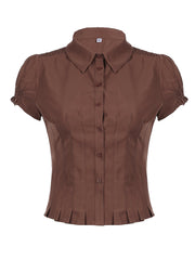 Aiertu - summer inspo American Retro Preppy Brown Shirts Women Button Up Turn Down Collar Puff Sleeve Shirring Pleated Hem Slim Casual Tops Aiertu
