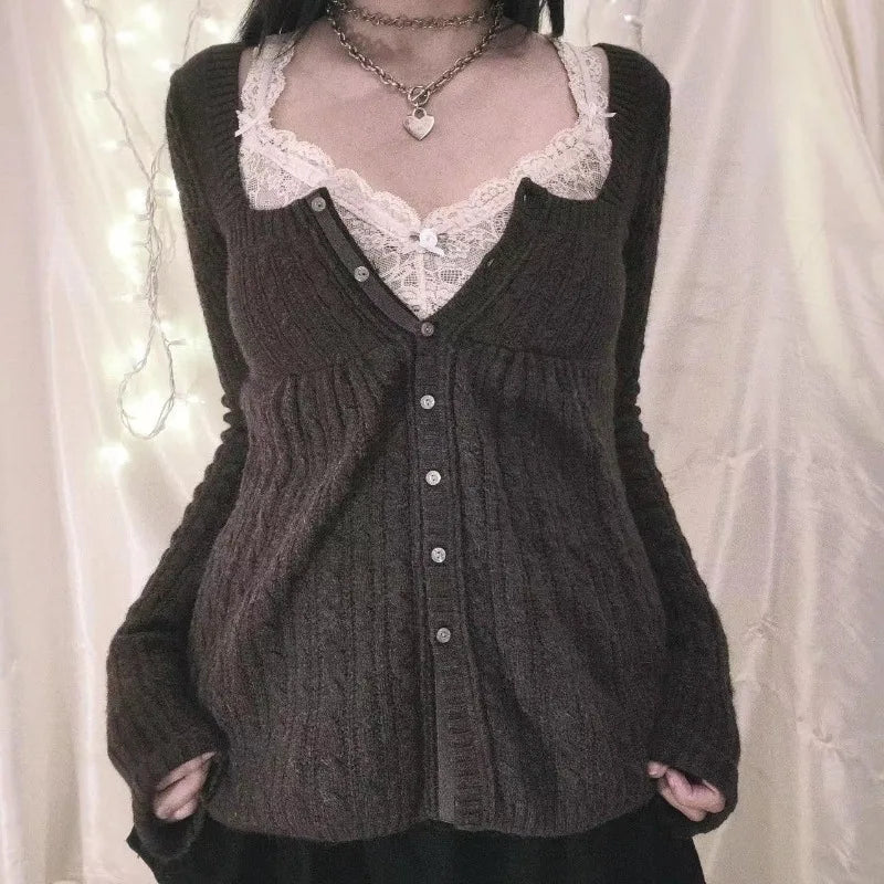 Aiertu  -  Women Y2k Knitted Sweater 2000s Vintage Single Breasted Long Sleeve Knitted Cardigan Tops  Loose Clothing Harajuku Streetwear Aiertu