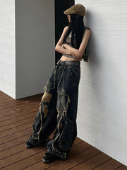 Aiertu  -  Women's Tassel Big Pocket Design Wide-leg Jeans Cool Girl High Waisted Fashion Loose Pants Female Straight Retro Denim Trousers Aiertu