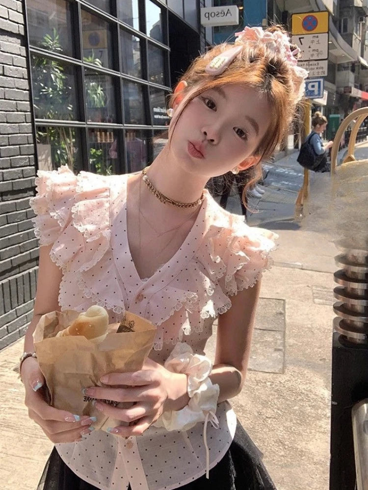 Aiertu  -  Y2k Aesthetic Sweet Polka Dot Women Blouse Vintage Single Breasted Blusas Lace Patchwork Fairy Summer Feifei Sleeves Grunge Tops Aiertu