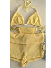 Aiertu  -  Bikini with Pants Swimwear Women Sexy Halter Tie Knot Two-Piece Bikini Set Soild Swimsuit Shimmer Bathing Suit Summer Aiertu
