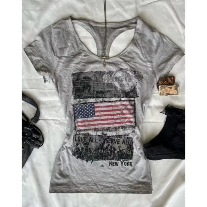 Aiertu  -  American Y2K cotton geometric pattern printed slim fit sexy short-sleeved T-shirts for women in summer new aesthetic casual tops Aiertu
