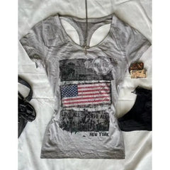 Aiertu  -  American Y2K cotton geometric pattern printed slim fit sexy short-sleeved T-shirts for women in summer new aesthetic casual tops Aiertu