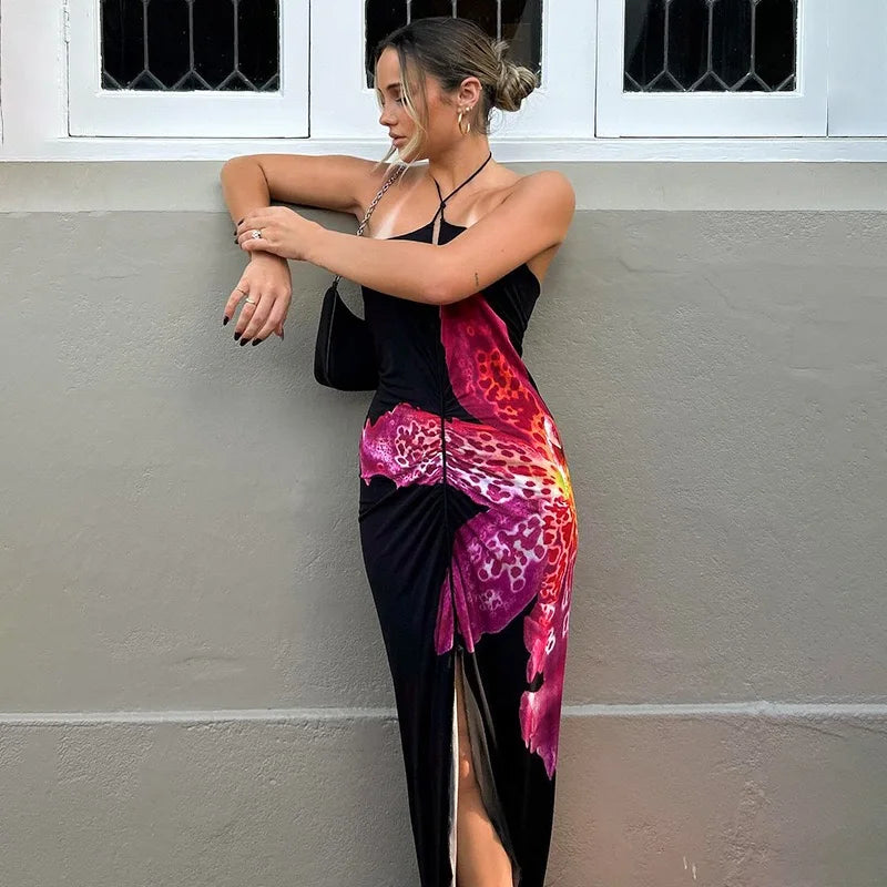 Aiertu  -   Spaghetti Strap Sleeveless Halter Backless Lace Up Floral Print Split Maxi Hip Dress Celebrity Urban Leisure Vestidos Aiertu