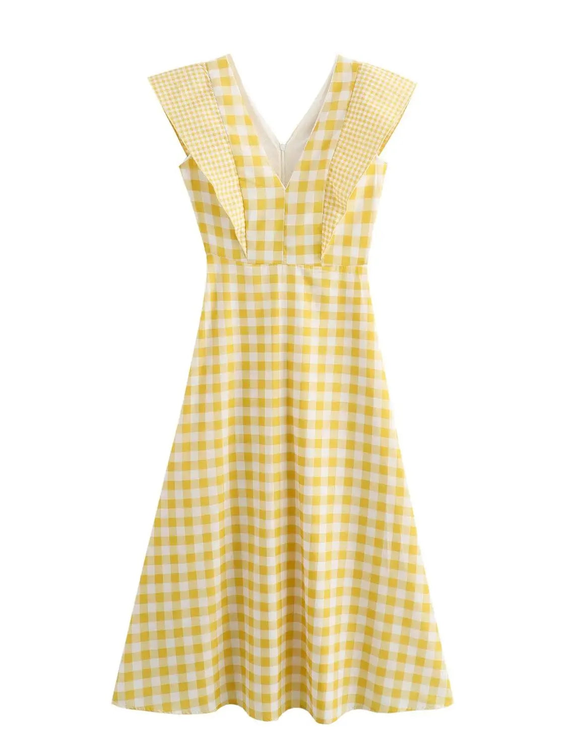 Aiertu  -  Ladies V Neck Plaid Print Maxi Summer Dress Women Fly Sleeve High Waist Big Hem Slim Long Dresses Holiday Vestidos Robe Female Aiertu