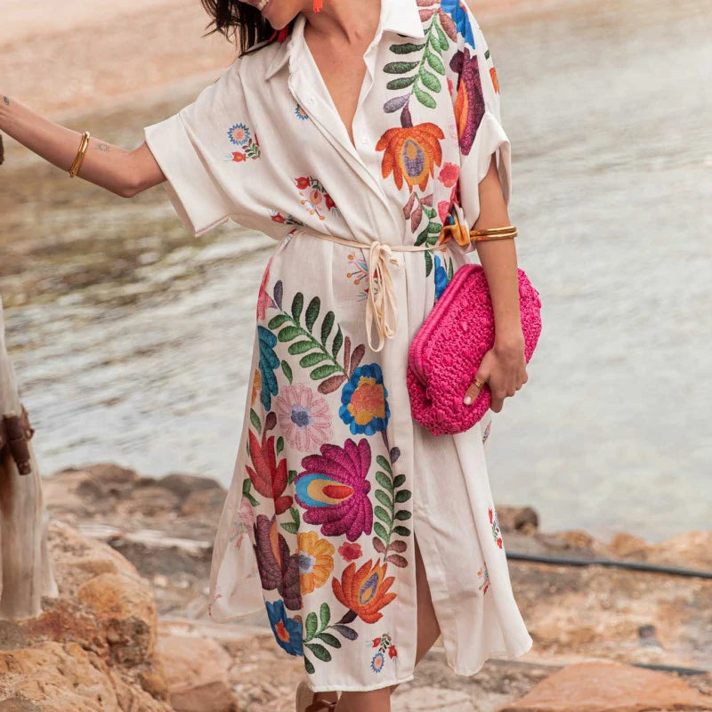 Aiertu  -  New Pattern Printed Loose Long Dress Women's Fashion Single Breasted Bohemian Dress Retro Short Sleeve Split Beach Dresses Aiertu