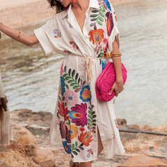 Aiertu  -  New Pattern Printed Loose Long Dress Women's Fashion Single Breasted Bohemian Dress Retro Short Sleeve Split Beach Dresses Aiertu