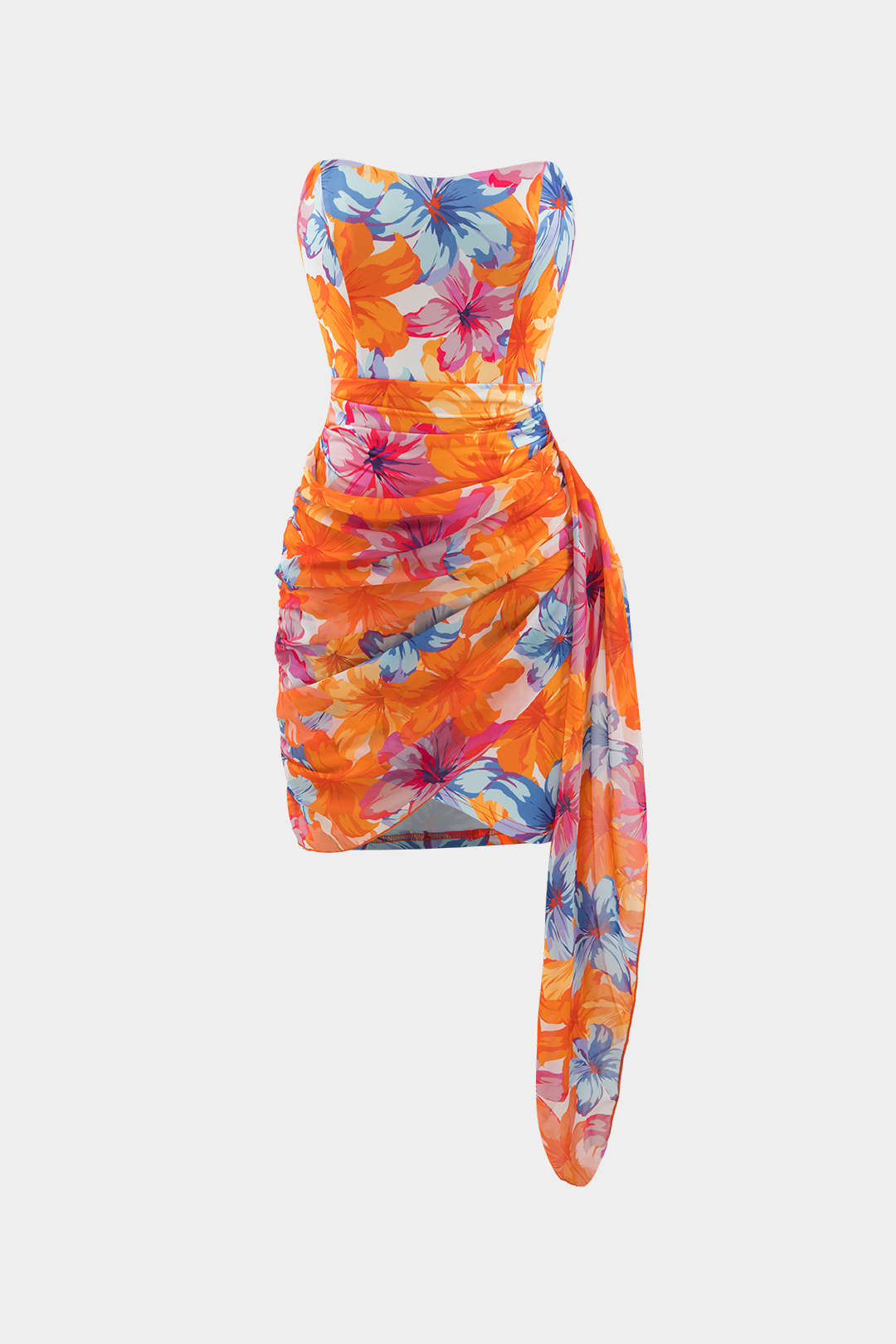 Aiertu  Floral Print Wrap Ruched Strapless Mini Dress Aiertu