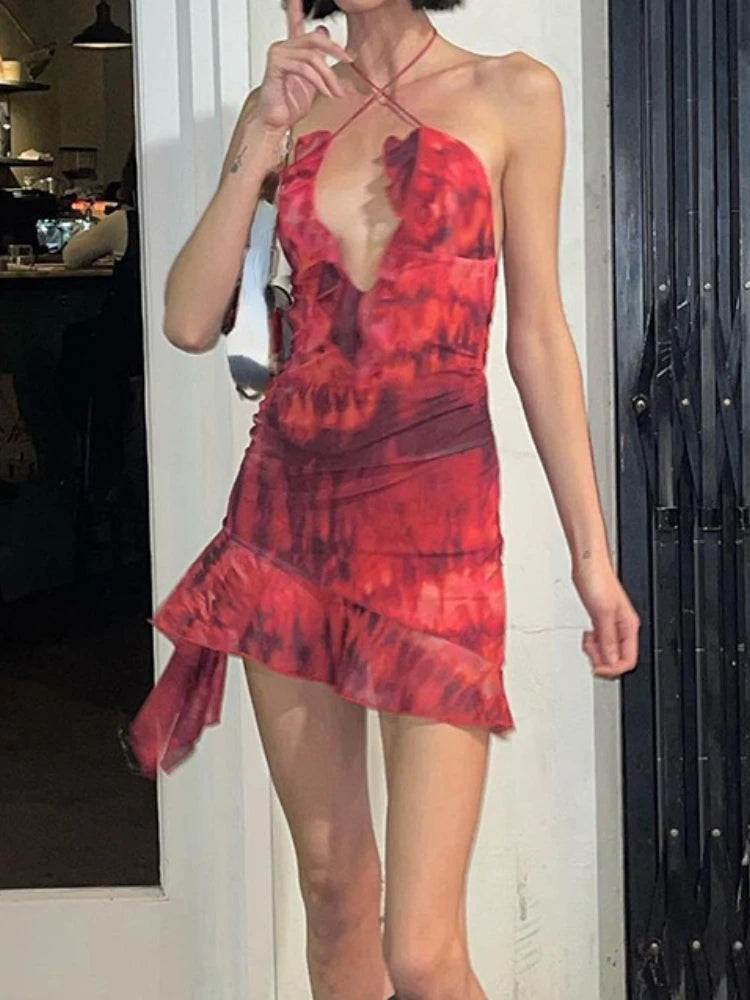 Aiertu  -  Y2k Aesthetic Backless Bandage Sexy Women Dresses Slim Fit Print Streetwear Dress 2025 Summer Halter Irregular Ruffled Vestidos Aiertu