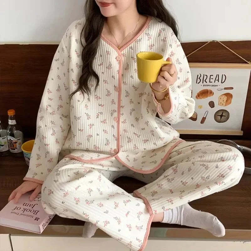 Aiertu  -  Autumn And Winter Air Sandwich Cotton Pajamas Women Cardigan Long Sleeve Trousers New Cartoon Sketch Rabbit Cute Homewear Sets Aiertu
